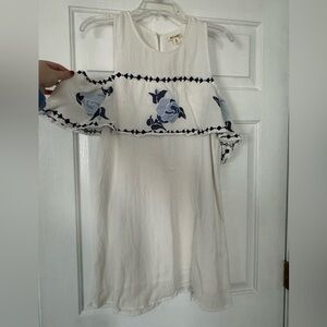 White w/ blue floral detail off the shoulder dress